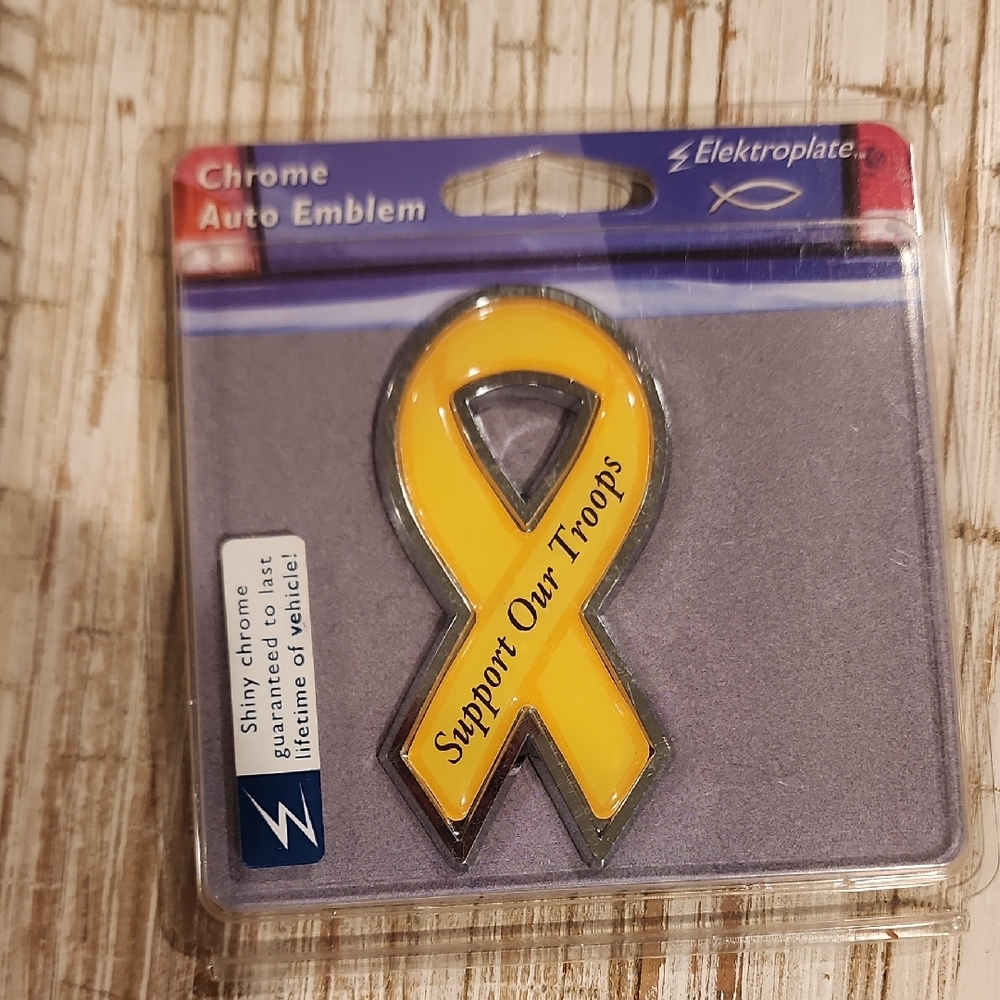 Yellow Support Our Troops Chrome Auto Emblem